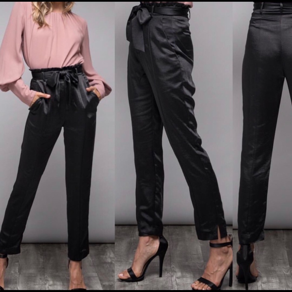 BLACK SATIN TIE WAIST PAPERBAG PANTS